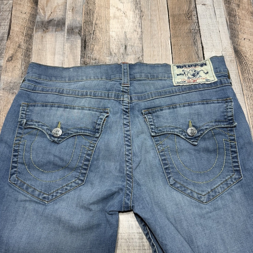 True Religion Shorts Mens 36 Blue Denim Cut Off Distressed T Flap Y2K Grunge